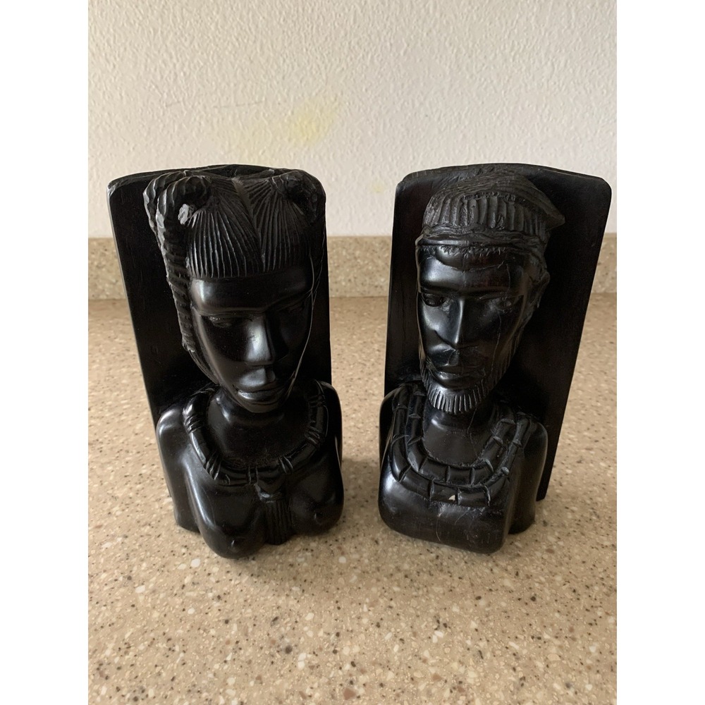 Vintage Hand Carved Rosewood Ebony Bookends Native Tiki Figure African Sculpture